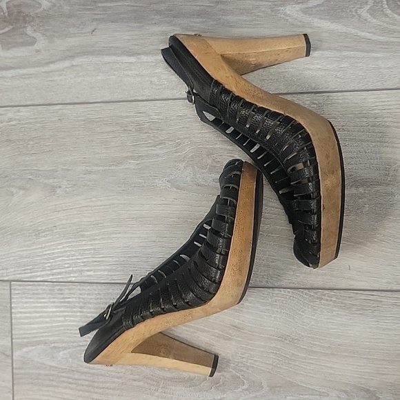 Michael Kors Black South Side Sling Back Leather Wood Platform Heels Women 8 1/2 - Picture 7 of 9